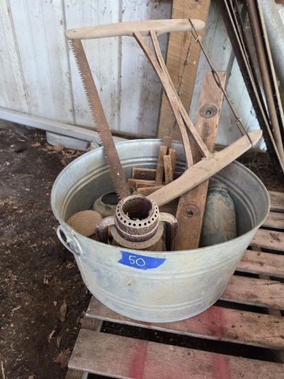 Galvanized Wash Tub - with Lantern - Blue Jar - Level - Saw & More