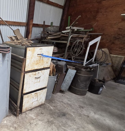 Large Group of Iron in SE Corner of North Shop- Iron Stand-Cabinet and Scrap Iron