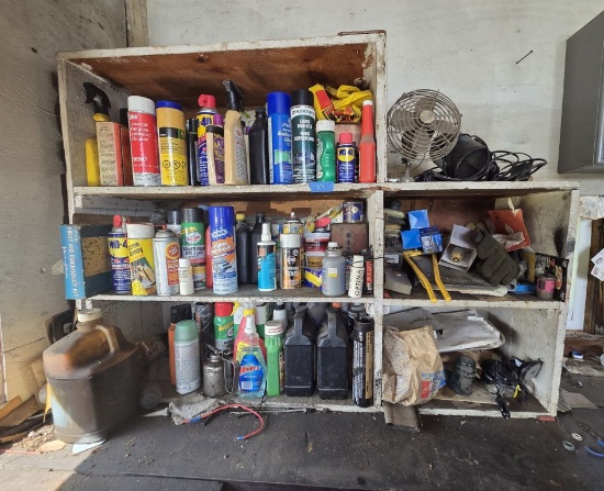 Contents of Shelf SW Corner of Shop- Assorted Oils and Other Liquids