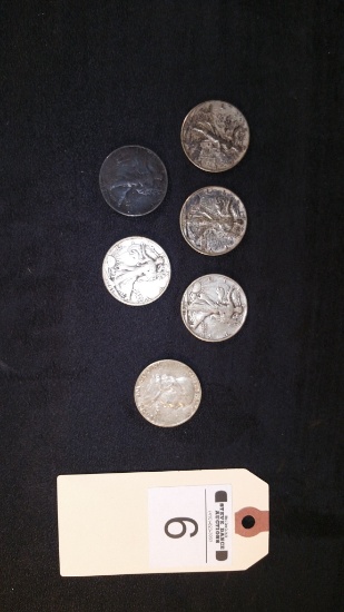 5 Walking Liberty Half Dollars & 1 Franklin Half Dollar