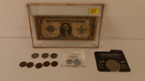 1923 Silver Certificate In Glass Display, State Of Maryland Bicentennial Medal, 1906 Liberty Head Ni