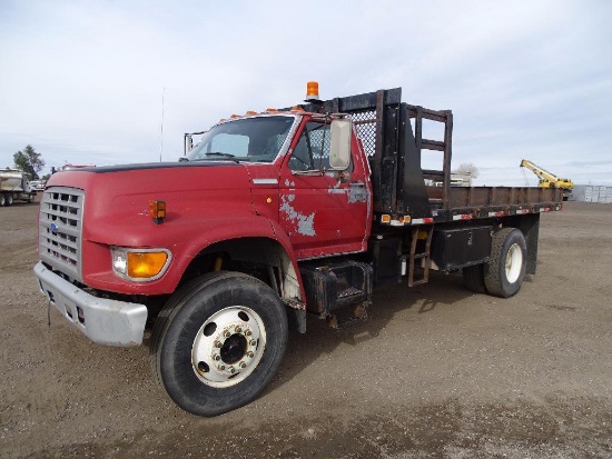 1995 FORD F800 S/A Flatbed Dump Truck, 6-Cylinder Diesel, Automatic, 16' Steel Bed, 33,000 LB GVWR,
