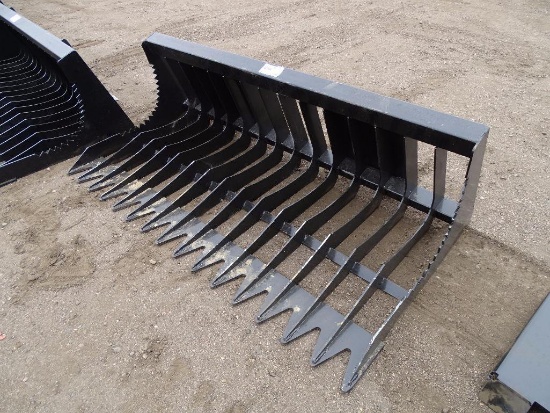Unused 66in Rock Bucket To Fit Skid Steer Loader, 4in Tine Spacing