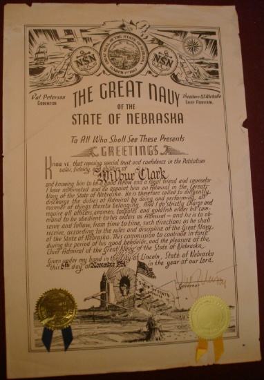 Document from the state of nebraska, honoaray induction to the great navy o