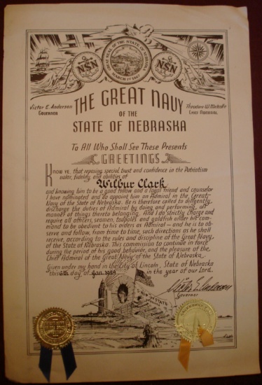 Document from the state of nebraska, honoaray induction to the great navy o