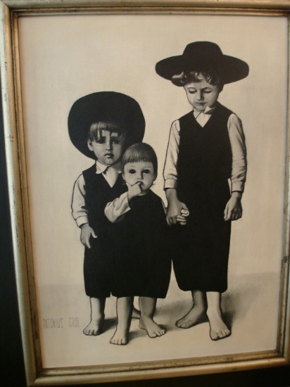 3 children black and white drawing w 21.5 x h 29.5