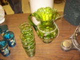 Green Pitcher With 6 Tumblers Victorian