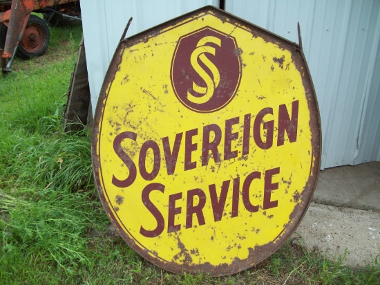 Sovereign Service (gasoline) sign with bracket. 2-sided painted steel