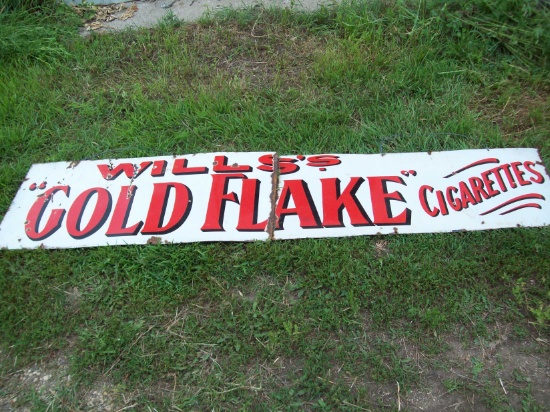 Wills's Gold Flake Cigarettes porcelain sign in 2 pieces. Approx 5 ft. long