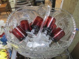 Punch Bowl with 8 Cranberry Glasses -> Will not be Shipped! <- con 570