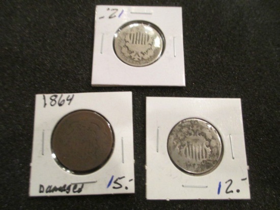 1864 2cint piece and 2 shield nickels con 346