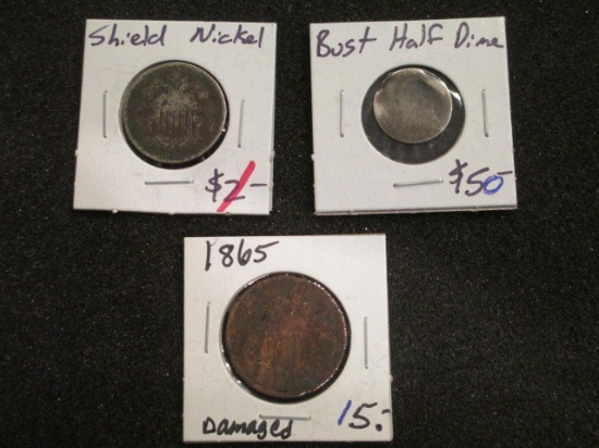 1865 2 cent piece Bust Dime and shield nickel con 346