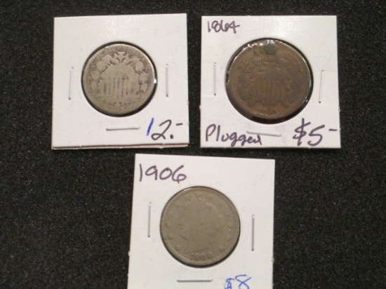 1864 2 cent piece 1906 V Nickel and Shield Nickel con 346
