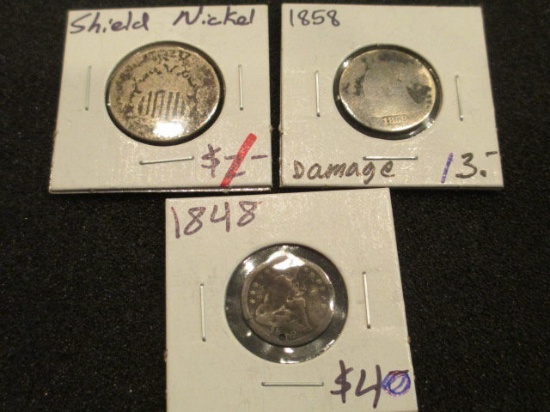 1848 Seated Liberty 1/2 dime, 1858 seated liberty dime and a shield nickel con 346