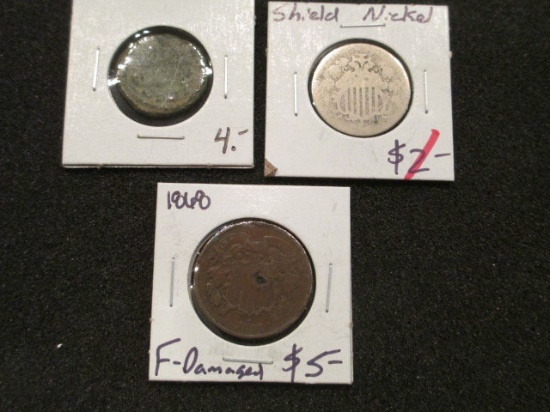1868 2 cent piece, Shield Nickel and Roman coin con 346