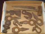 Lot of Old Hooks, Wood Mallet, and Axe Heads and more con 324