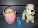 Two Vintage Toys Wind up Dog in Basket and Battery operated dog Will Not Be Shipped con 585