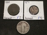 1864 2 cent piece, 1871 Half Dime, and Liberty quarter con 346