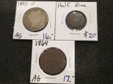 1864 2 Cent Piece, 1895-O Barber Quarter and half dime con 346