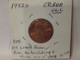 1982-D US Error Penny Die Crack con 583