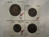1864 2 Cent piece, Coins From France, Norway and Sweden all 1800's con 346