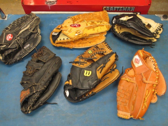 6 Assorted Baseball Gloves - con 75