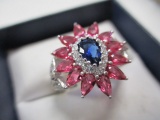 Sterling Silver Ring with Sapphire, Pink, Ruby and White Topaz - Size 7.75 - con 583