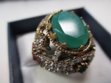 Sterling Silver Cocktail Ring and Brone Trim, emeralds Rubies and White Topaz - Size 8 - con 583