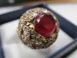 Sterling Silver Cocktail Ring with Bronze Trim, Ruby and White Topaz - Size 8.75 - con 583