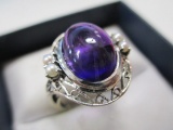 Sterling Silver Ring with Amethyst and Black Pearls - Size 6.5 - con 583