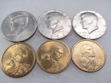 3 Kennedy Half Dollar and 3 Sacajawea Dollars - con 943