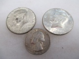 1964 Silver Quarter, two 40% Kennedy half Dollars - 1966, 1968 - con 11