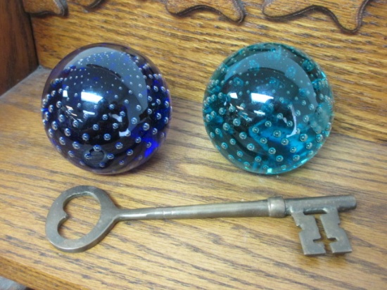 Two Blown Glass Paper Weights - Large Skeleton Key  - con 317