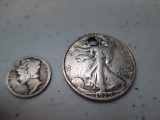 Walking Liberty half Dollar - with hole - Mercury Dime - con 317