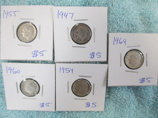 5 Silver Roosevelt Dimes - Various Dates - con 346