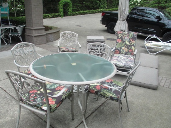 8pc Glass Top Patio Table w/5 chairs, side table and Chaise Lounge 2 sets of cushions