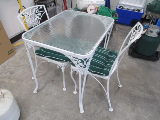 Wrought Iron Patio Glass Top Table and 2 chairs 29x32x25 inches