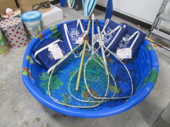 Kids Pool w/4 New Stearns Boat Seats Cushions and 3 adjustable fishing nets