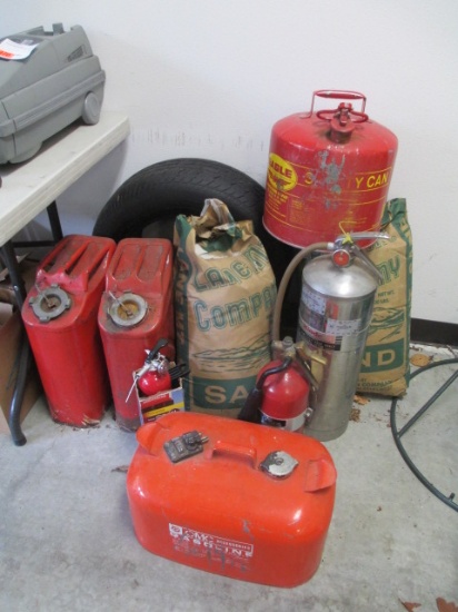 Jerry Gas Cans, Boat Gas Can, 2 Bags of salt, Fire Extinguisher, and spare tire