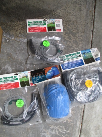 Large Box of Tree Support kits, Knee Pads, box of wire