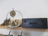 Vintage Wood Case w/copper enamel hanging tray, old scale, and animal traps