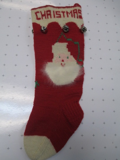 Hand Knit Vintage Christmas Stocking with Bells - con 672