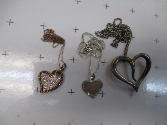 Three Vintage Sterling Silver Heart Necklaces - All Marked - con 672