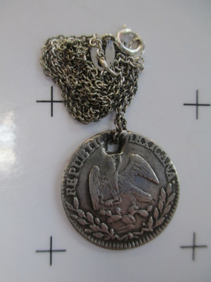 Sterling Silver Necklace with 1826 Mexico Silver Reales Coin - con 672