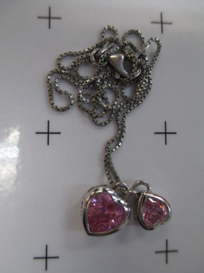 Vintage Sterling Silver Double Heart Necklace with Pink Stones - Will not be shipped - con 672