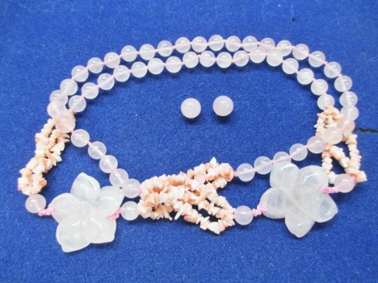 Rose Quartz and Coral Necklace and Matching Earrings - con 748