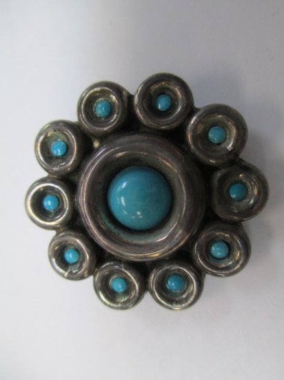 Artist Signed Vintage Sterling Silver Turquoise Pin - con 672
