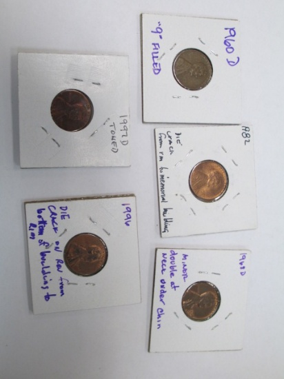 Four US Pennies - 1997D, 1996, 1982, 1960, 1968D - con 583
