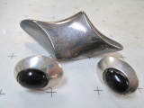 .925 Silver Black Onyx Navajo Earrings - .925 Silver Signed Brooch -  con 754