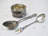 May 31 1859 Silver Salt Bowl - Two Antique Sterling Silver Spoons - con 672